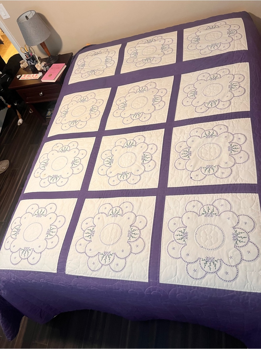 Handmade White & Purple Floral Embroidered Quilt - Queen